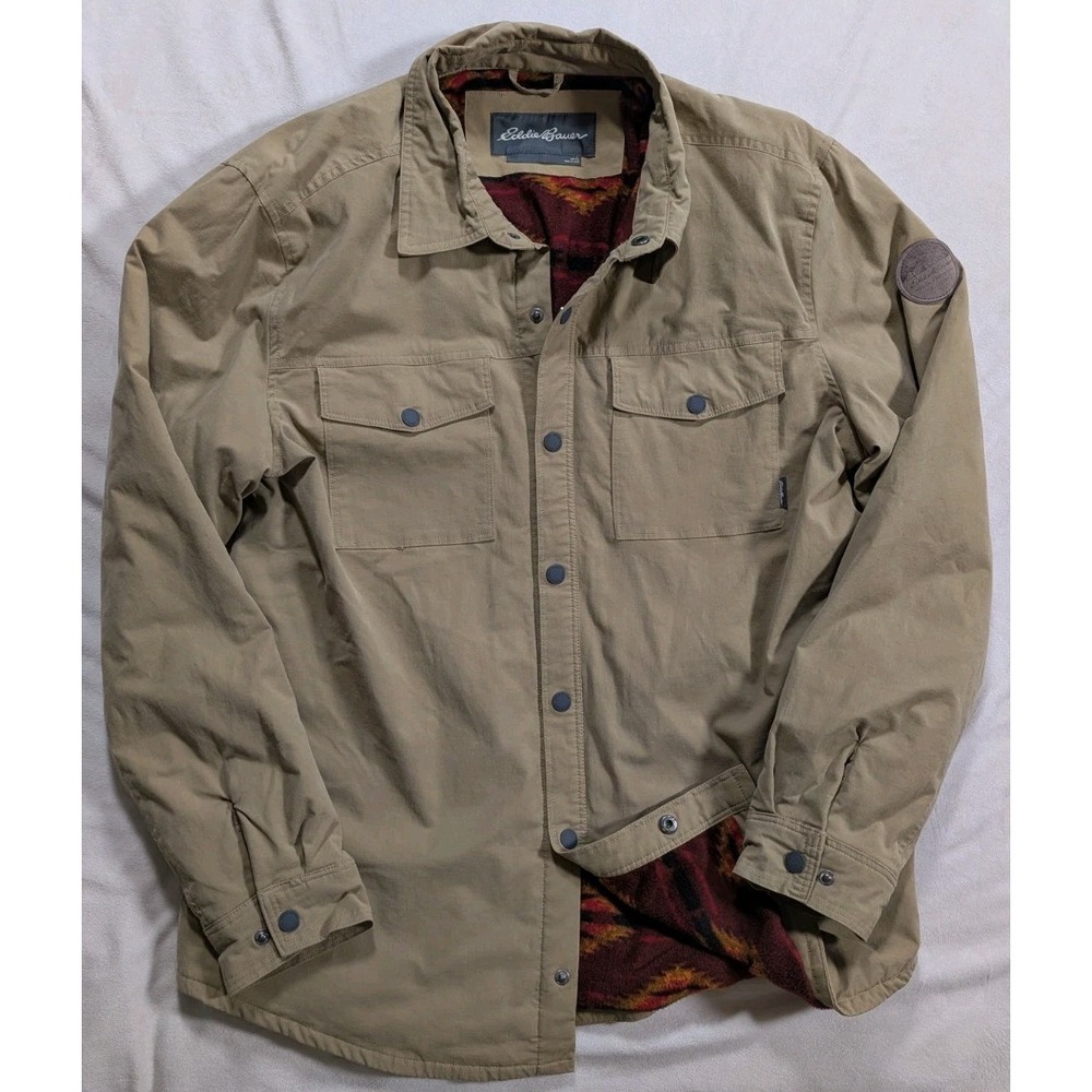 Eddie Bauer Fleece Lined Shirt Jacket Aztec Print Warm Casual Tan Men's Large